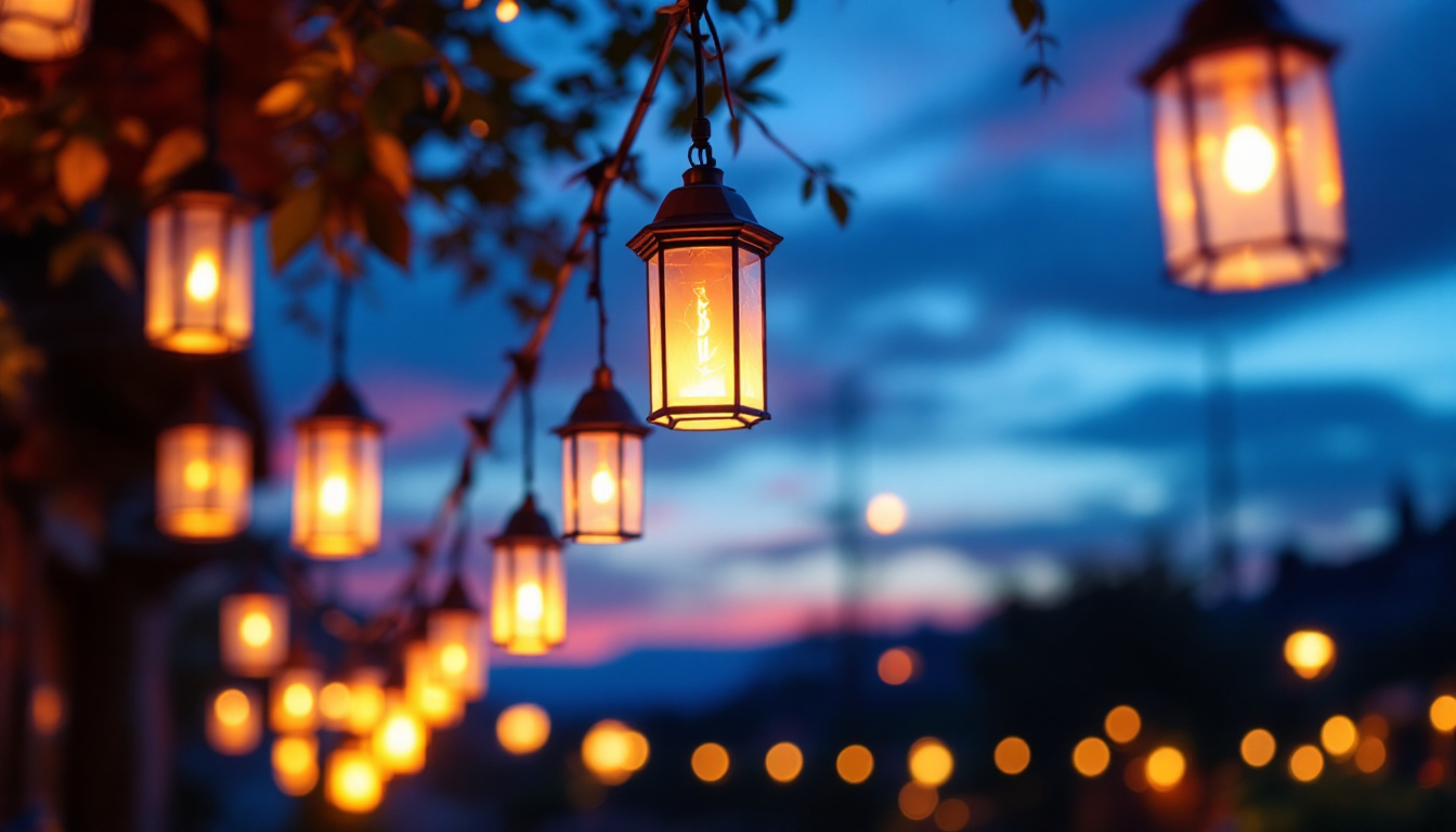 A photograph of a beautifully illuminated outdoor space featuring a variety of hanging lanterns