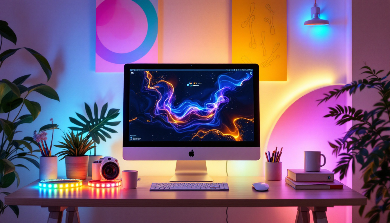 A photograph of a well-lit workspace featuring colorful led tape strips being used creatively for home decor or organizational purposes