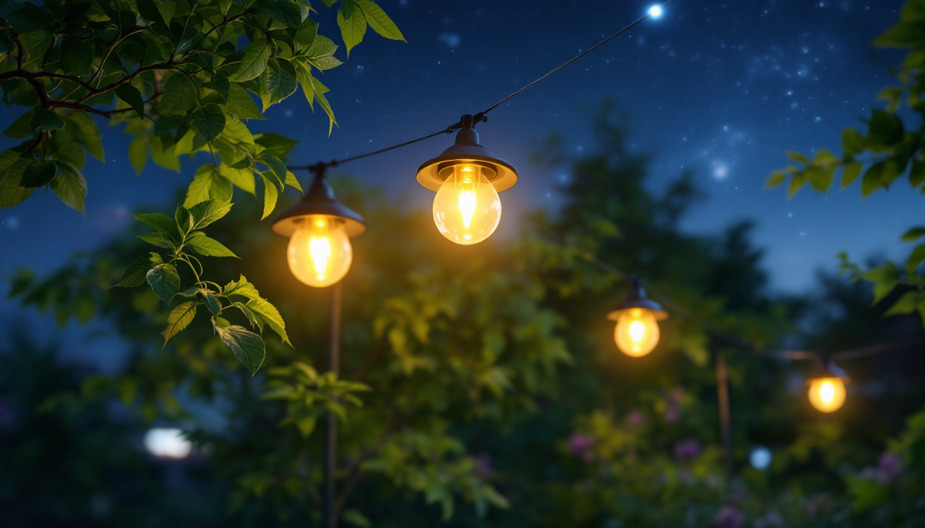 A photograph of a beautifully illuminated outdoor space featuring solar-powered lights