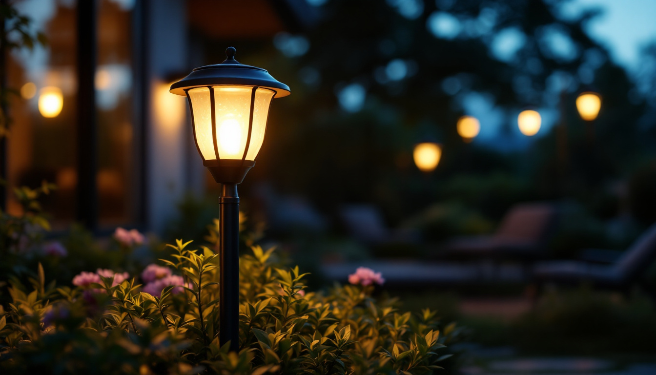 A photograph of a well-lit outdoor scene showcasing a solar lamp installed in a garden or patio setting