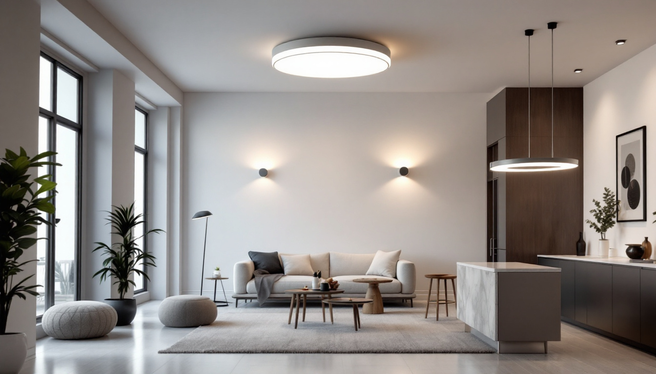 A photograph of a modern interior space showcasing various styles of flush mount led ceiling lights in use