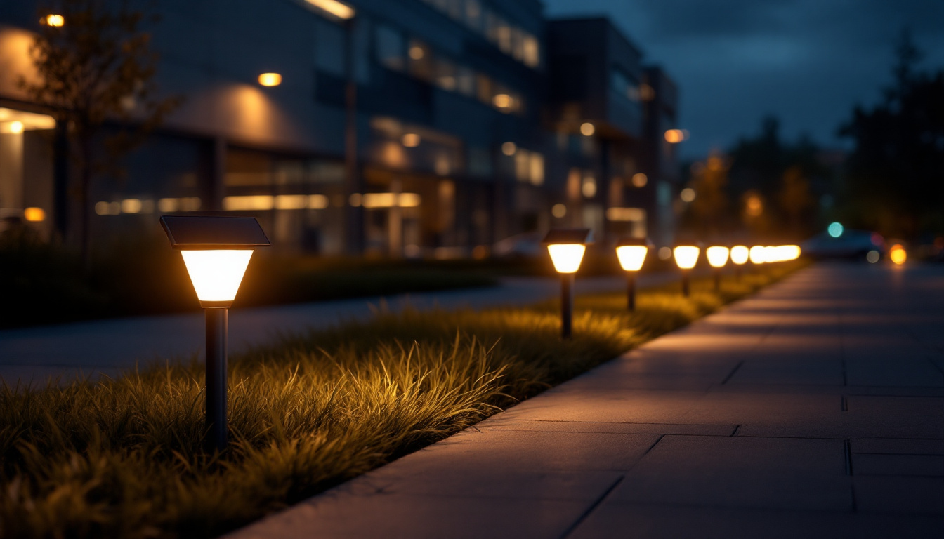 A photograph of a modern industrial or commercial setting illuminated by solar lawn lights