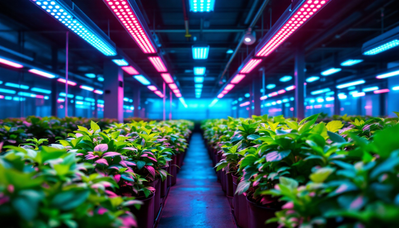 A photograph of a modern greenhouse interior showcasing vibrant plants under the glow of advanced led grow lights