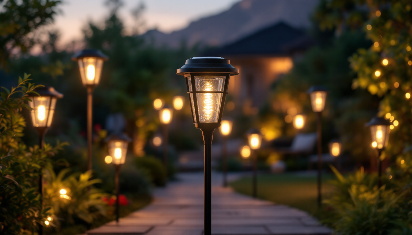 A photograph of a well-lit outdoor scene featuring a variety of solar lamps installed in a garden or patio setting