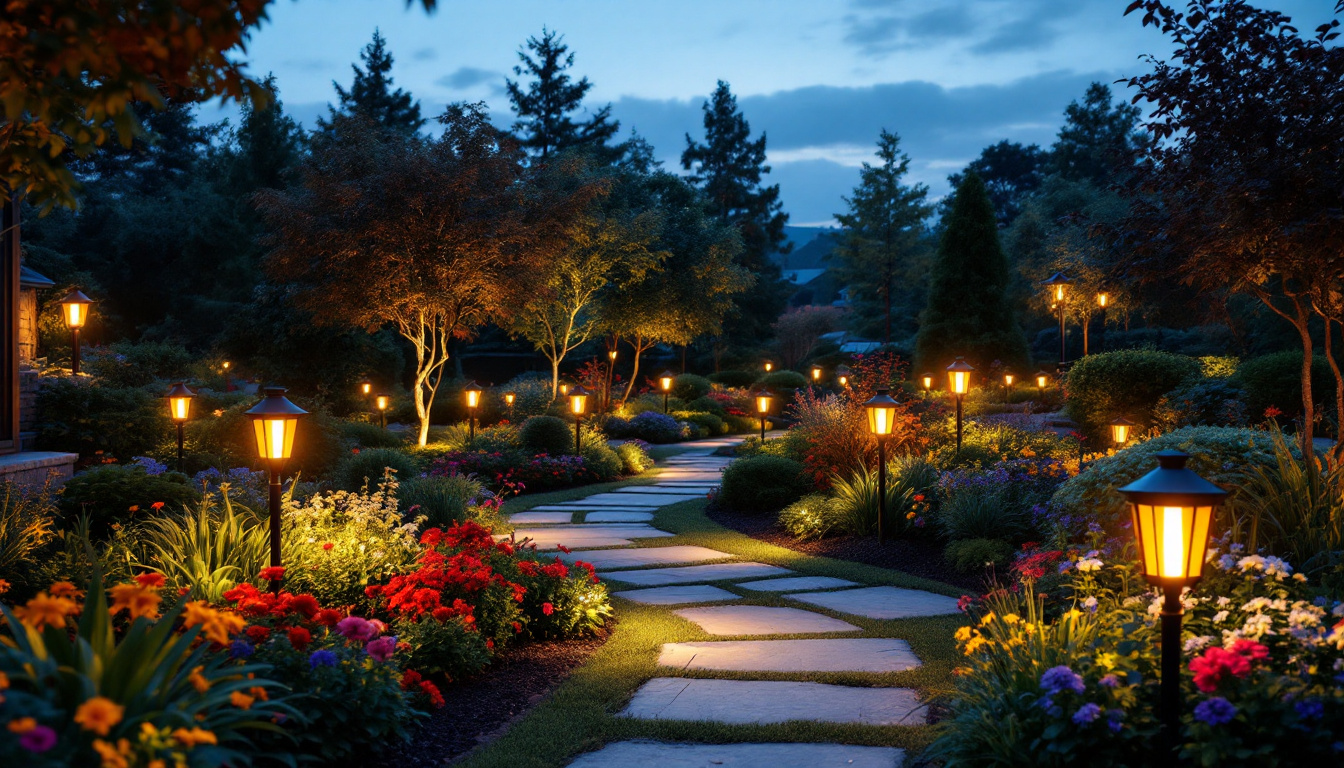 A photograph of a beautifully landscaped garden at dusk