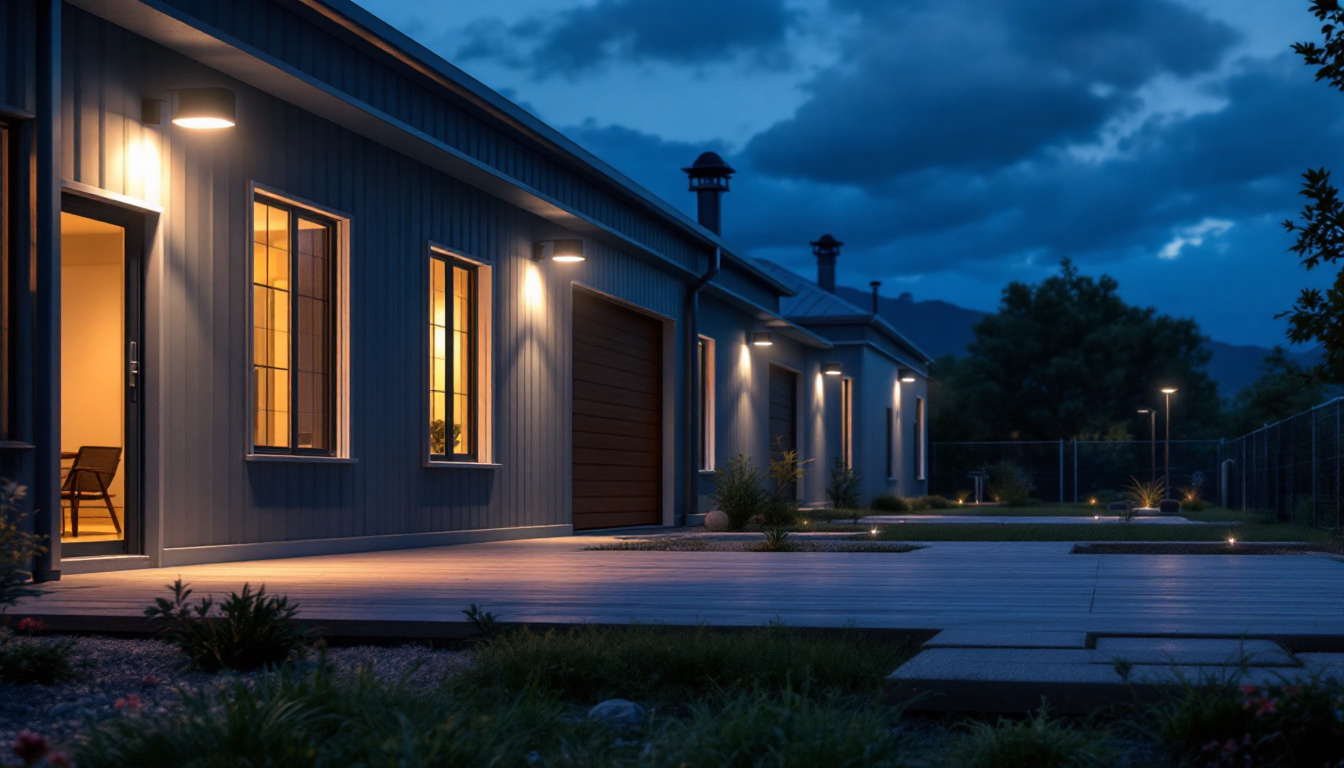 A photograph of a well-lit industrial or commercial backyard setting at dusk