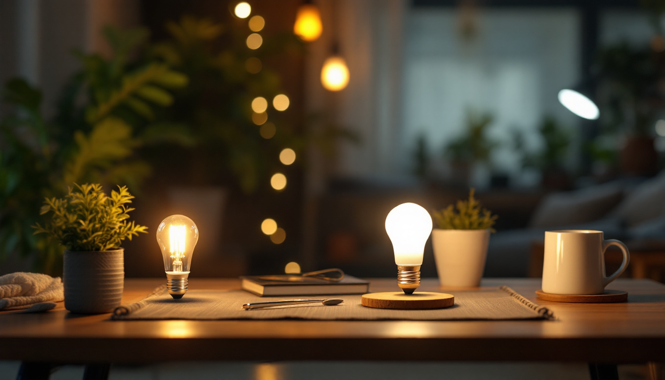 A photograph of a well-lit indoor scene showcasing various a19 bulbs in different settings