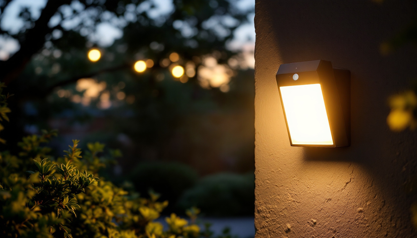 A photograph of a beautifully designed exterior sensor light illuminating a lush garden or outdoor space at dusk