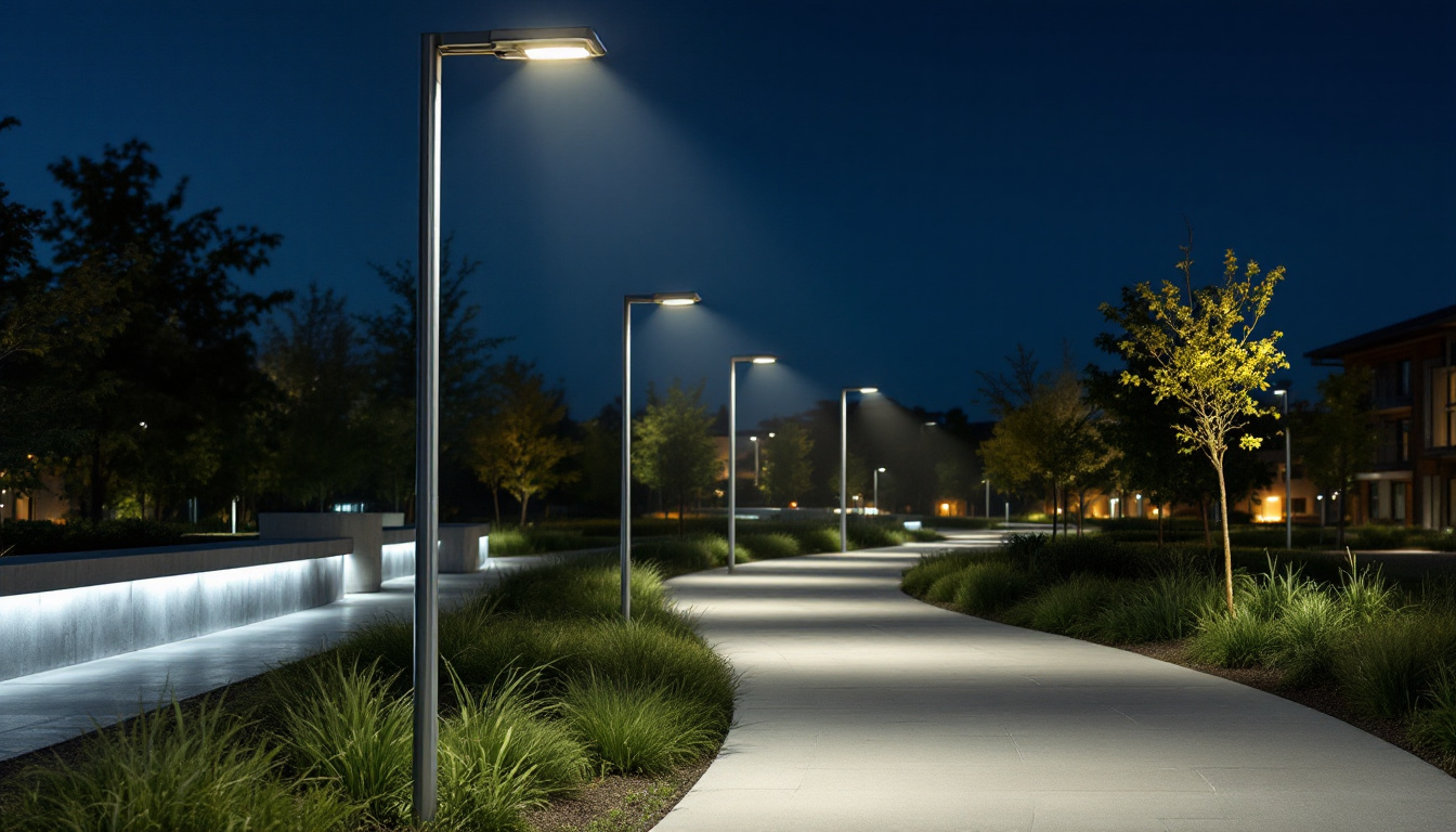 A photograph of a well-lit outdoor area featuring pole lights illuminating pathways and surrounding spaces