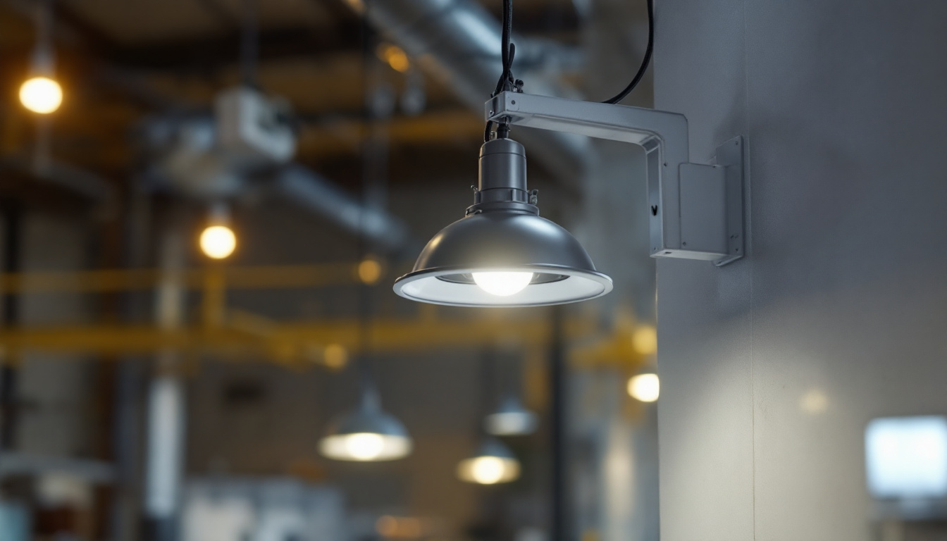 A photograph of a versatile light fixture mounting bracket in use within an industrial or commercial environment