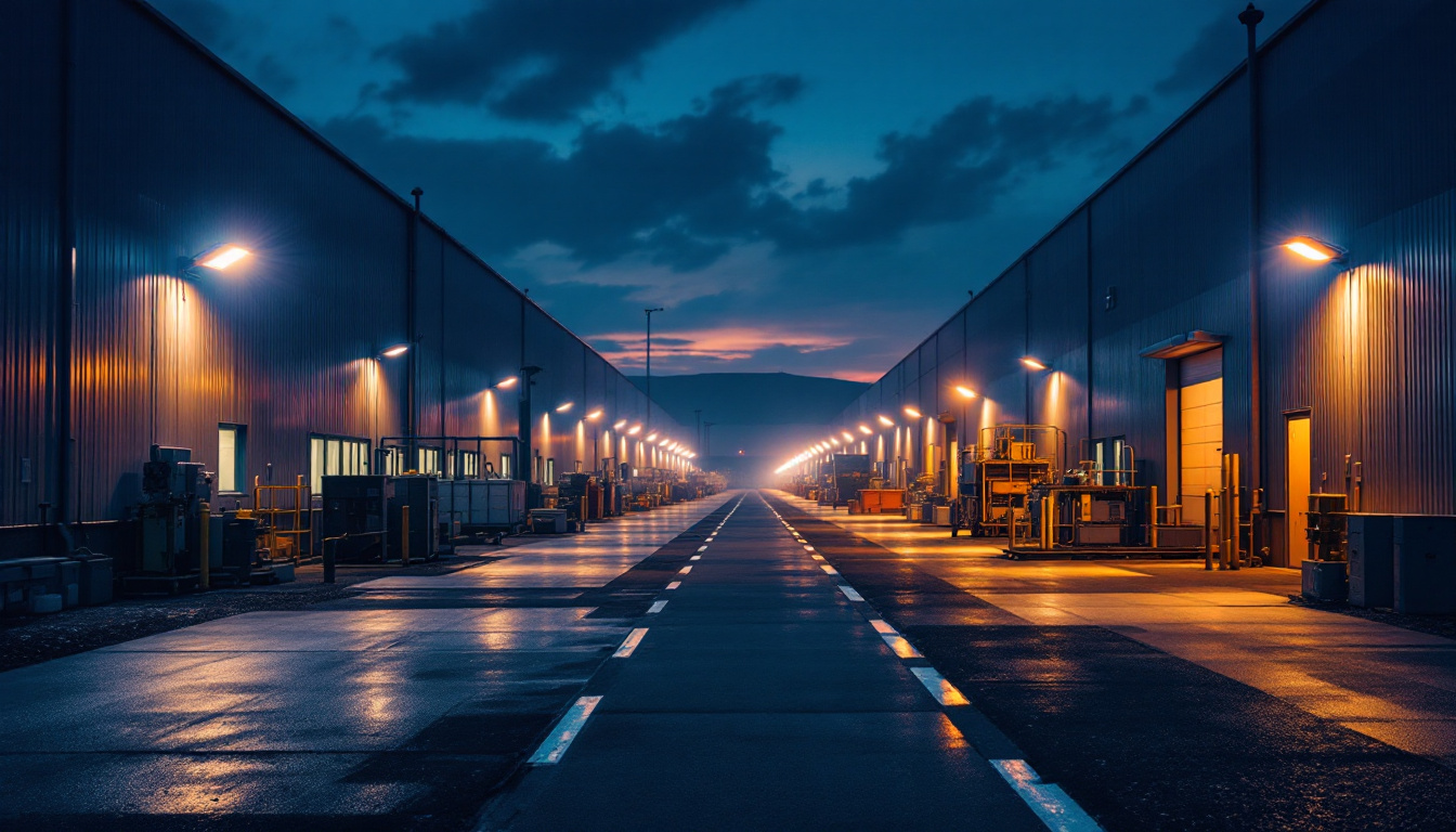 A photograph of a well-lit industrial or commercial area at dusk