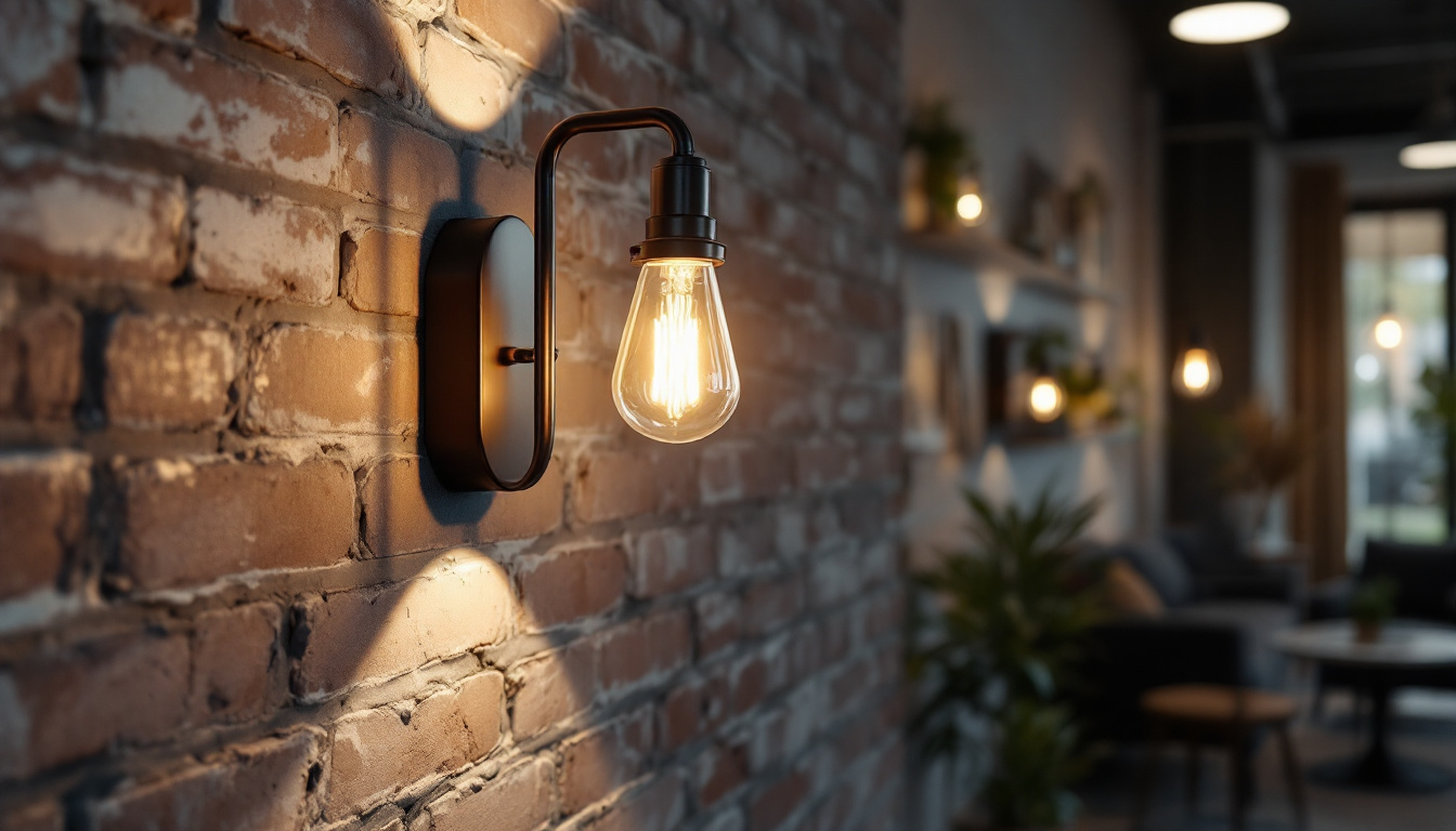 A photograph of a stylish sconce wall light installed in a modern industrial workspace