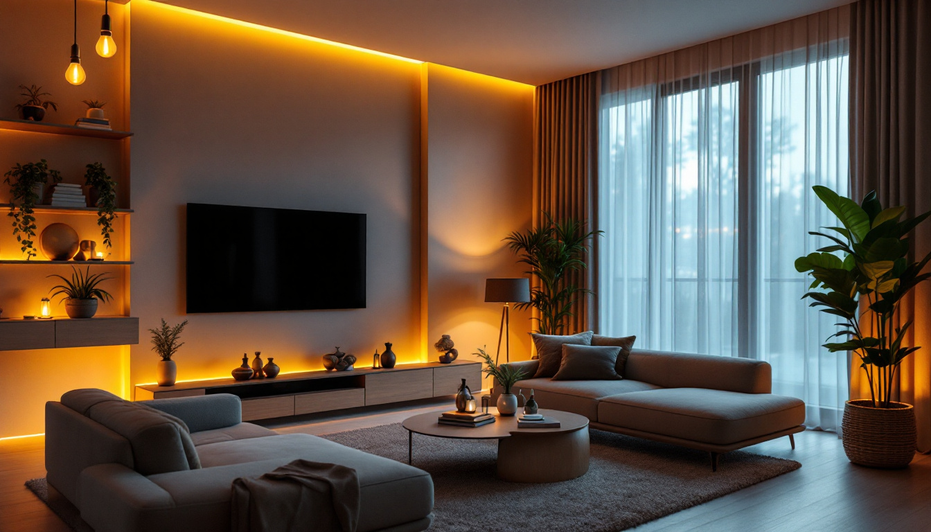 A photograph of a stylish modern living space illuminated by warm