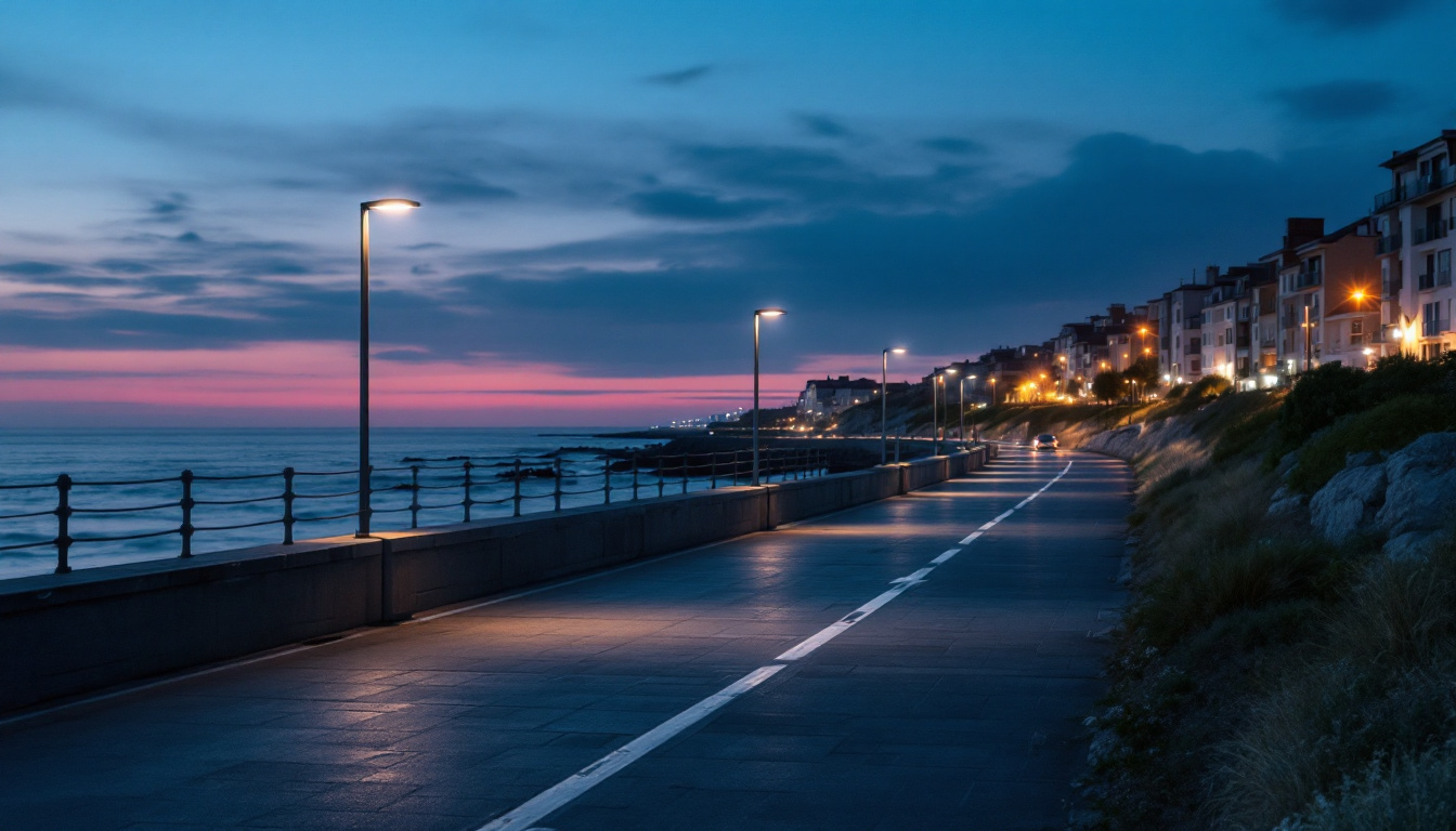 A photograph of a well-lit coastal area featuring sea gull lighting in action