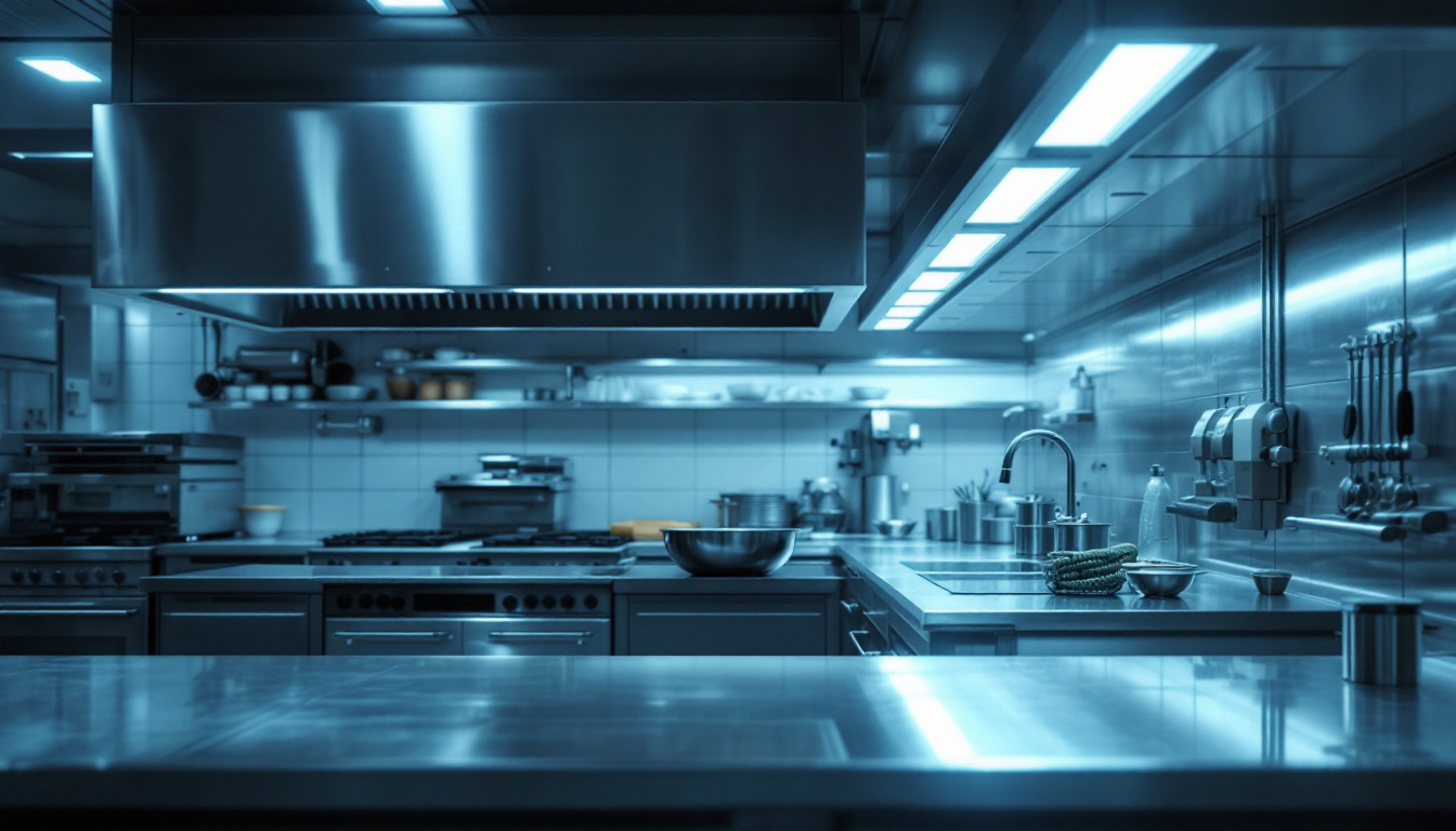 A photograph of a well-lit industrial or commercial kitchen showcasing strategically placed under-cupboard lights illuminating workspaces