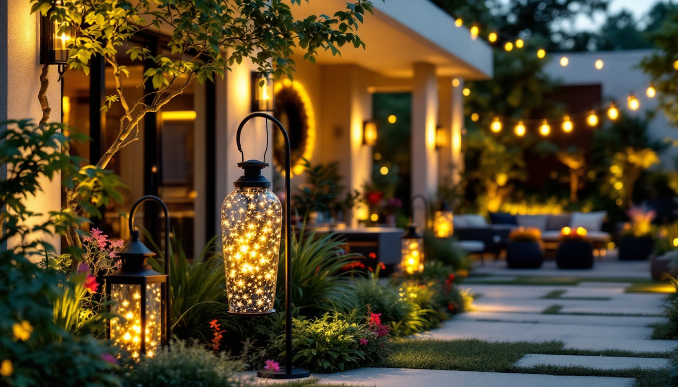 A photograph of a beautifully designed modern outdoor space illuminated by stylish lantern lights