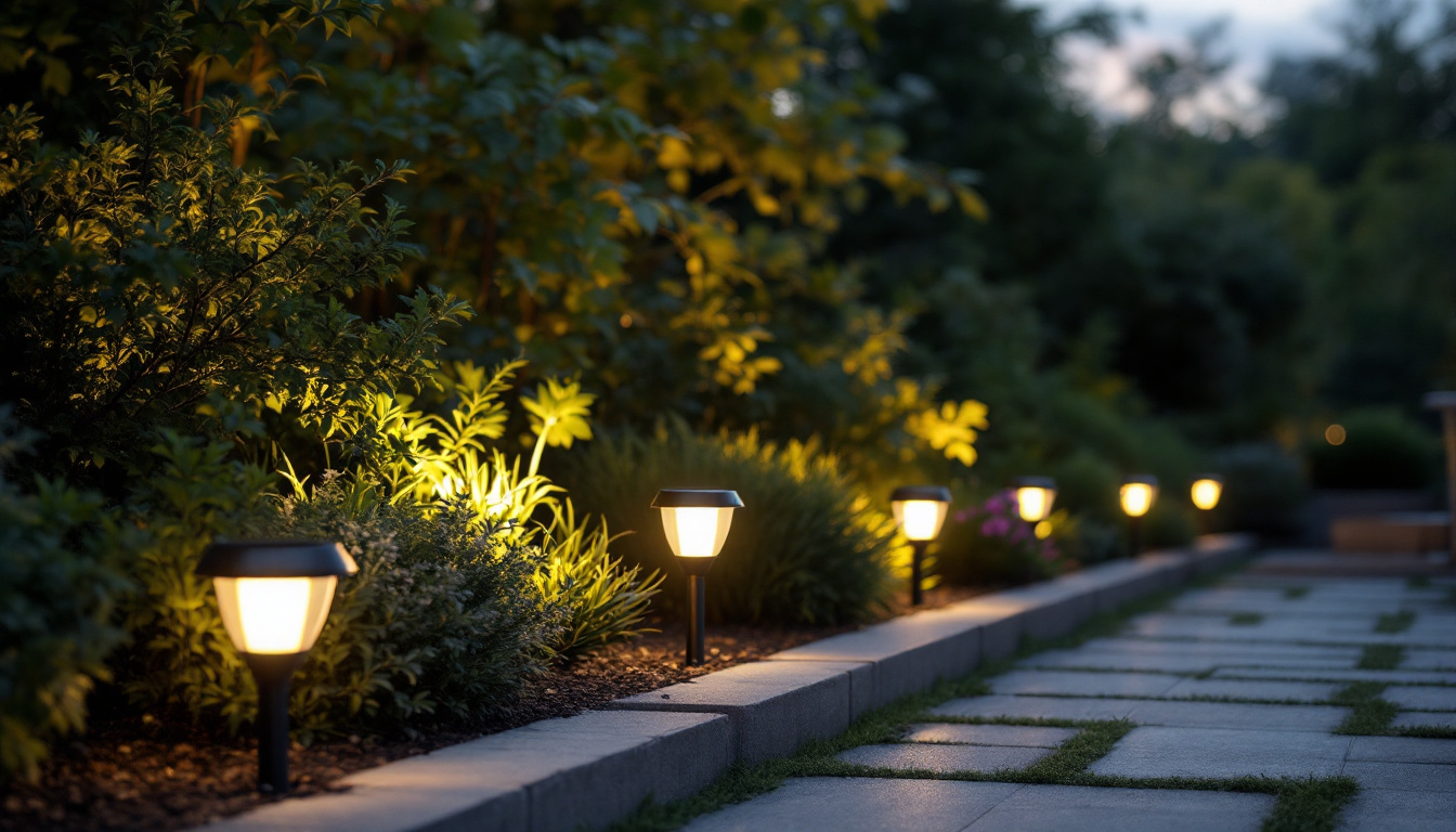 A photograph of a well-lit outdoor space showcasing various styles of led solar lights installed in a garden or patio setting