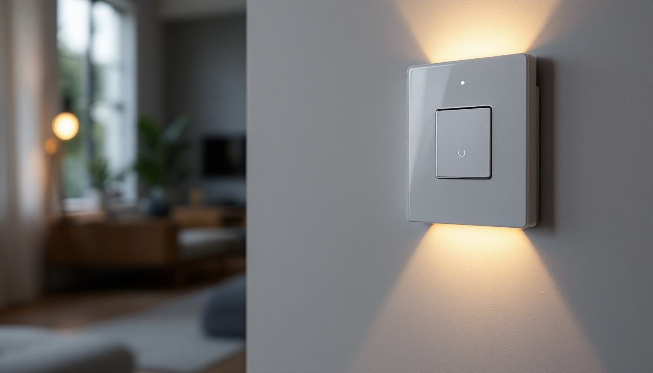 A photograph of a modern motion-sensing light switch installed in a stylish home setting