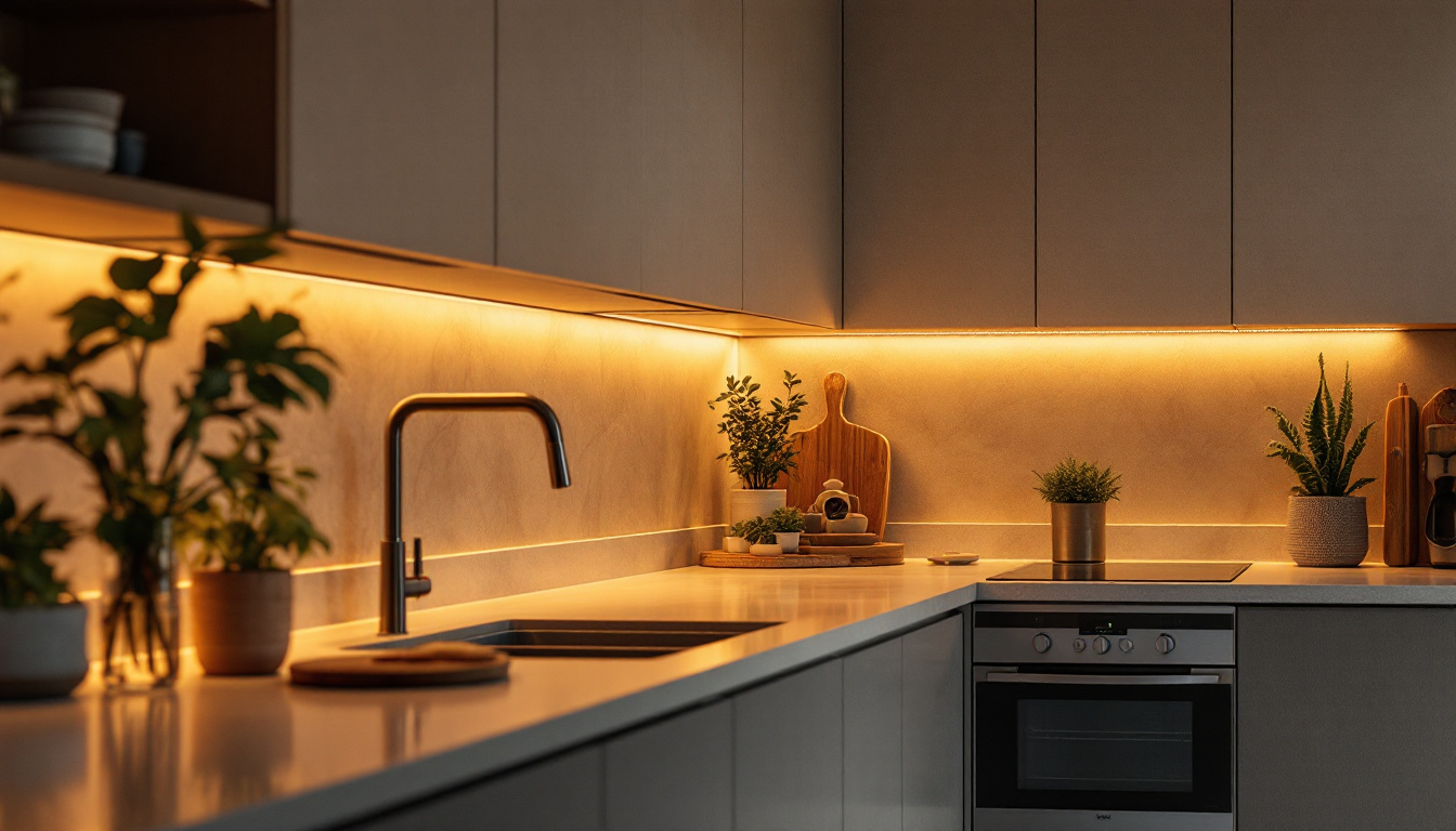 A photograph of a modern kitchen featuring energy-efficient led under-cabinet lighting