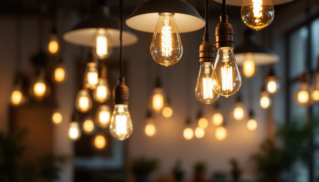 A photograph of a well-lit interior space showcasing a variety of bright light bulbs in stylish fixtures