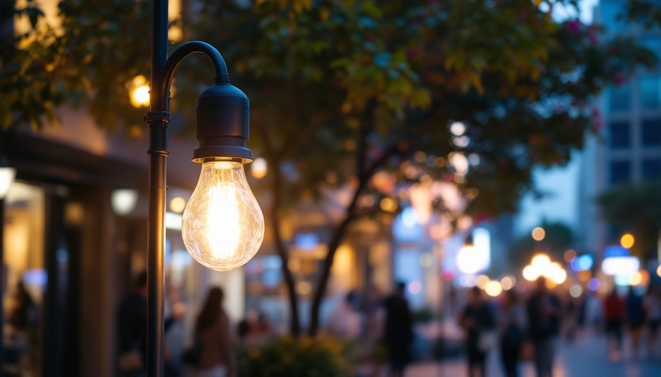 A photograph of a lamppole in a vibrant urban setting