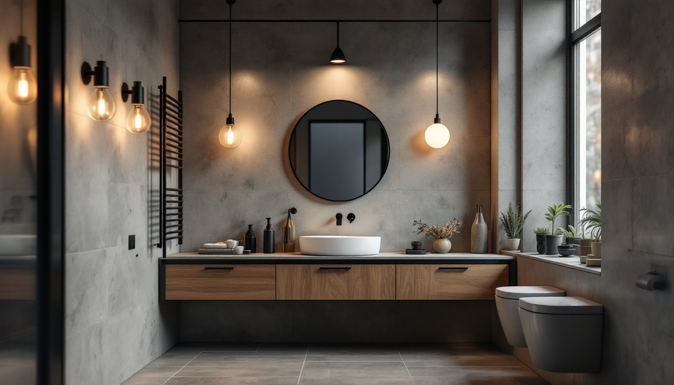 A photograph of a modern industrial bathroom featuring stylish light fixtures that blend functionality with aesthetic appeal