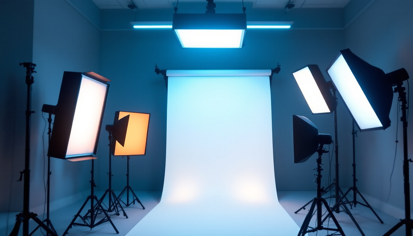 A photograph of a well-lit studio setup featuring various types of light panels in use