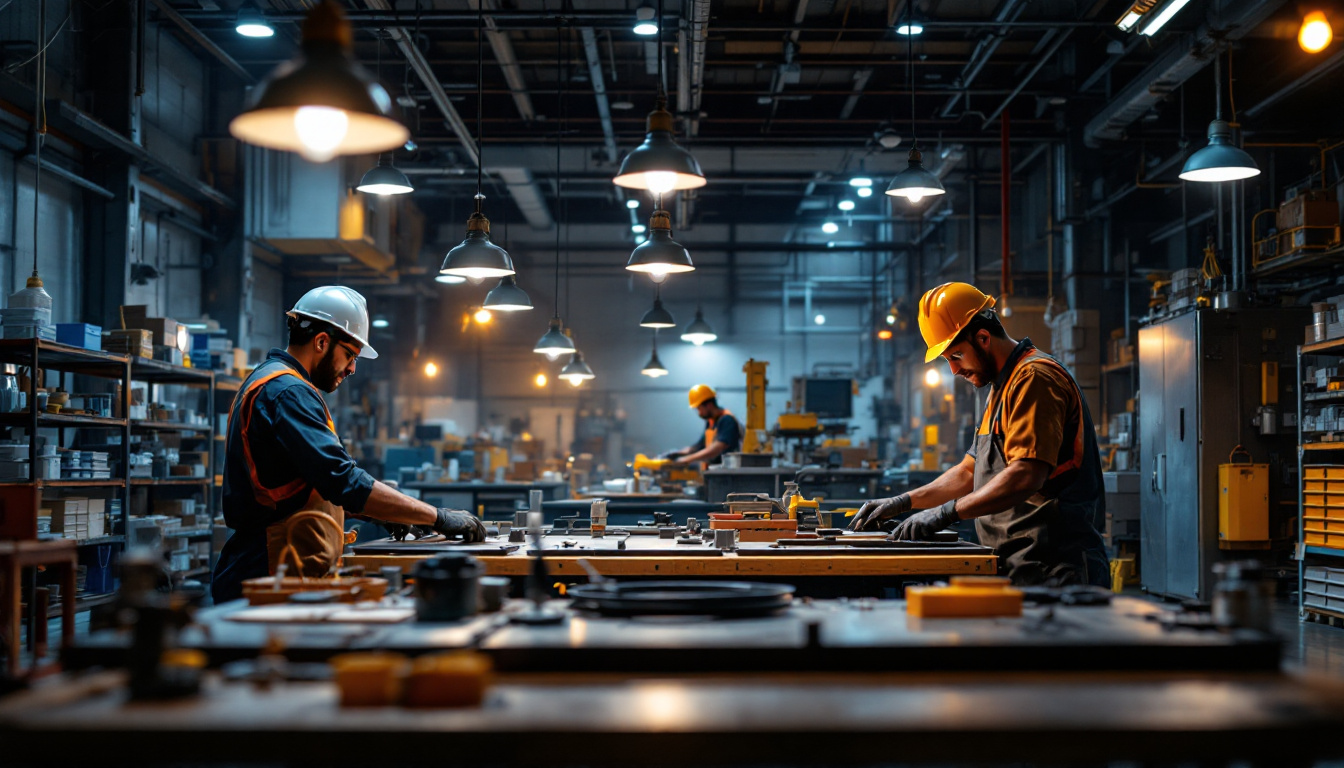 A photograph of a well-lit industrial workspace featuring pendant lighting