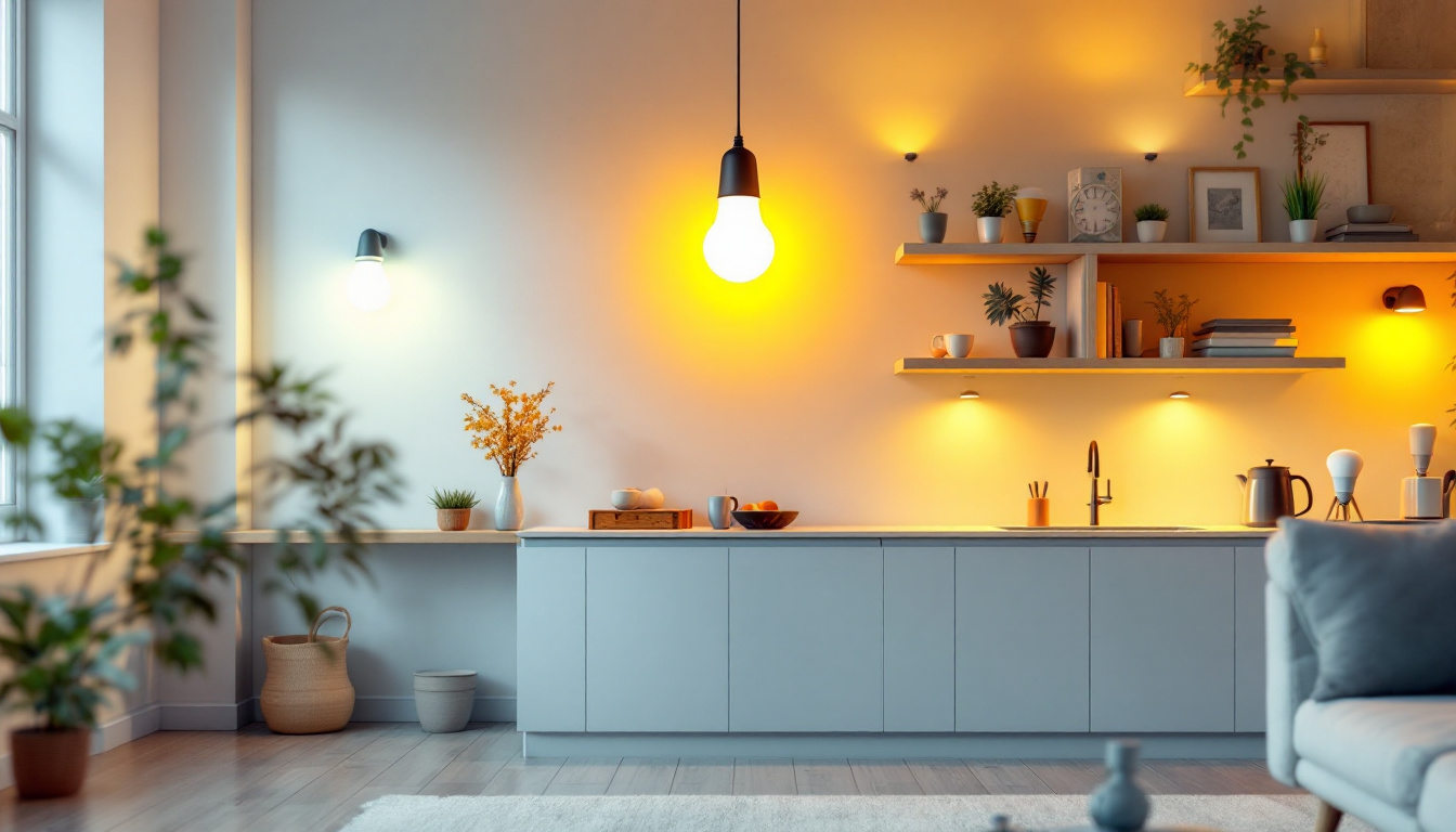 A photograph of a brightly lit room showcasing various types of fluorescent light bulbs in use