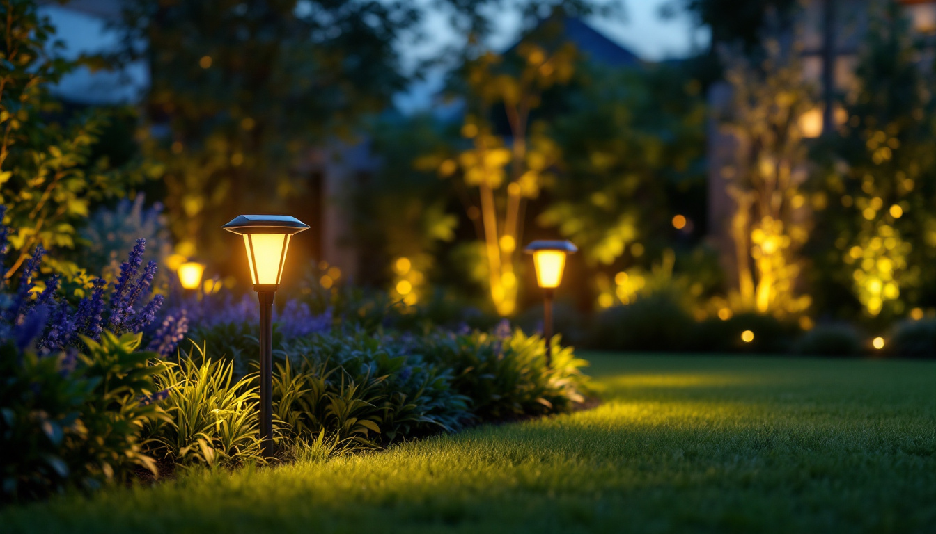 A photograph of a beautifully landscaped modern garden illuminated by stylish solar lights at dusk