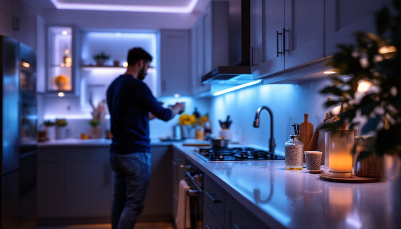 A photograph of a beautifully lit kitchen or living space featuring stylish led cabinet lighting