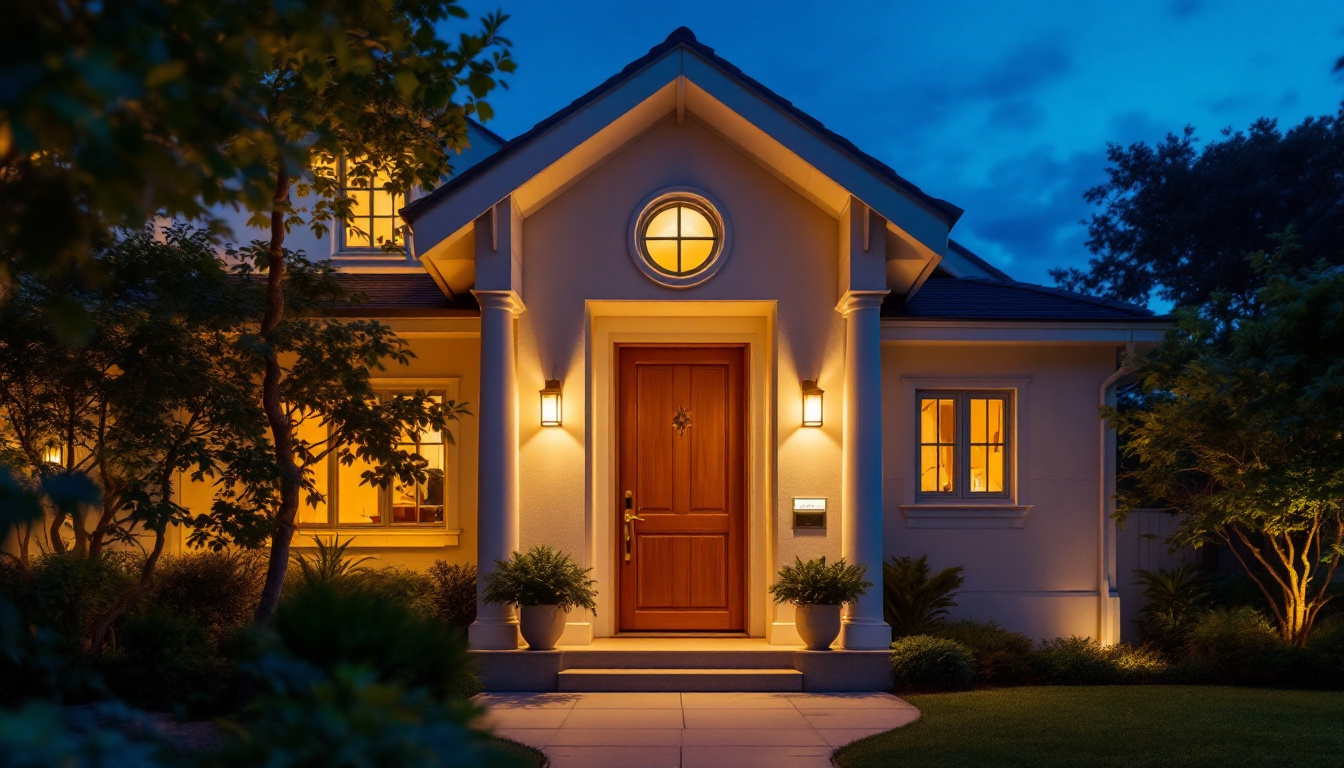 A photograph of a beautifully illuminated front door at dusk