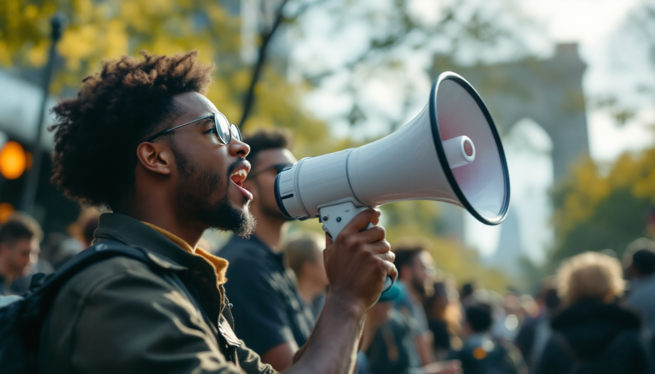 A photograph of capture a photograph of a bullhorn being used in a vibrant outdoor setting