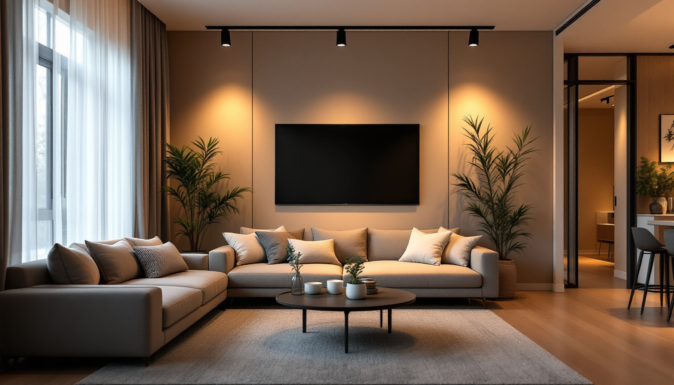 A photograph of a modern living space featuring sleek contemporary track lighting installed in an aesthetically pleasing arrangement