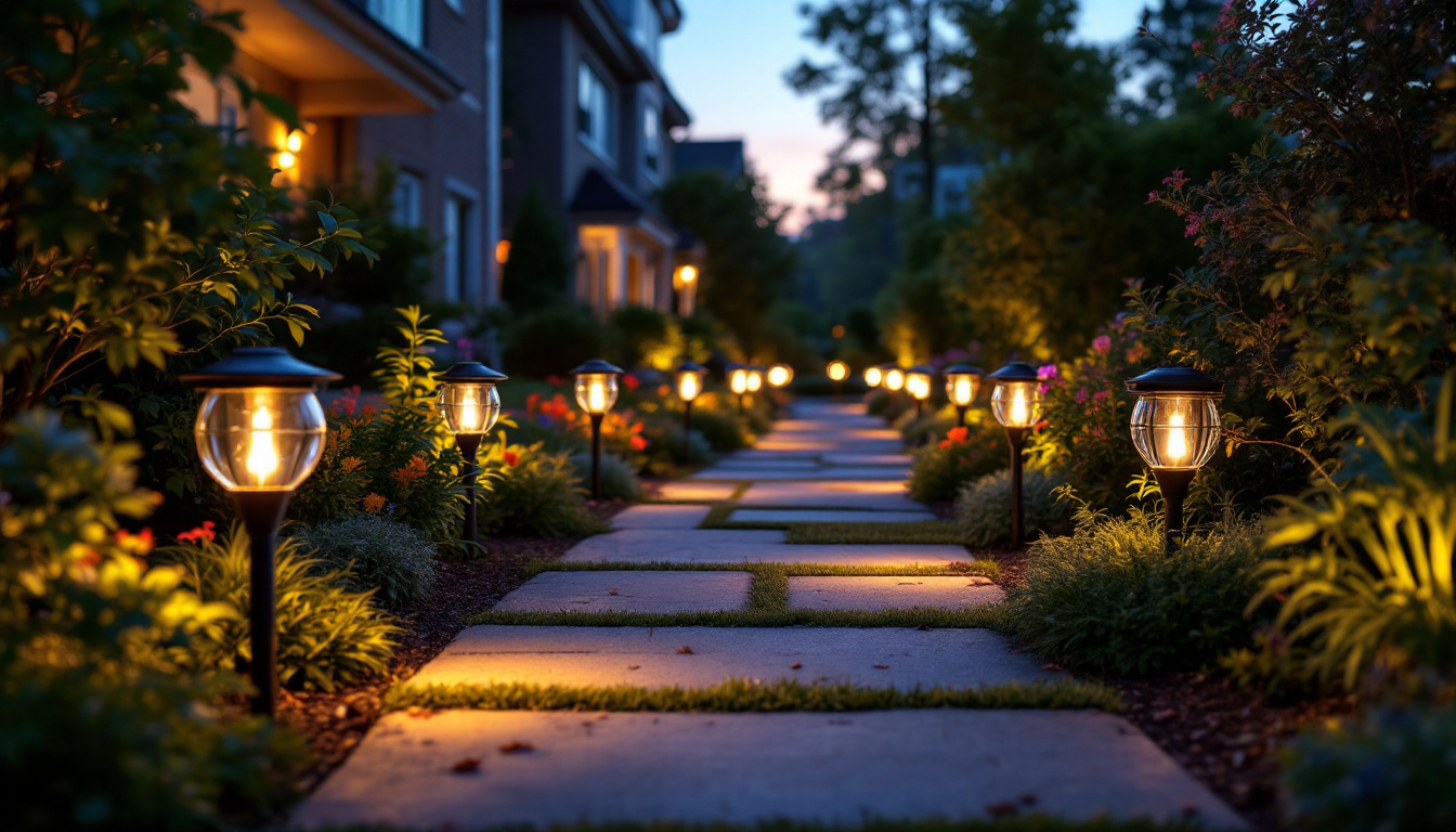 A photograph of a beautifully lit garden pathway featuring solar lights in various stages of installation