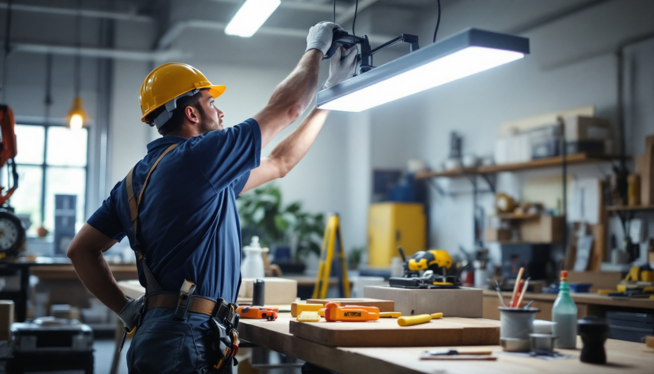 A photograph of a technician installing a 4ft led shop light in a well-lit workshop