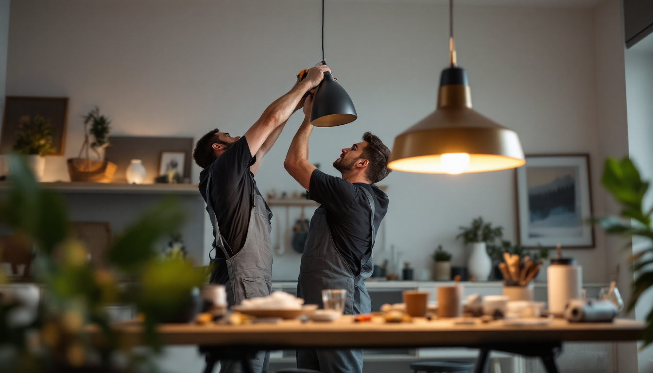 A photograph of a stylish pendant lamp being installed in a modern home setting