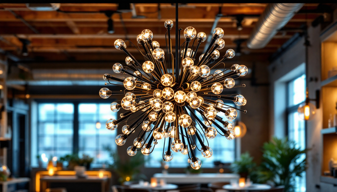 A photograph of a striking chandelier installed in a modern industrial or commercial space