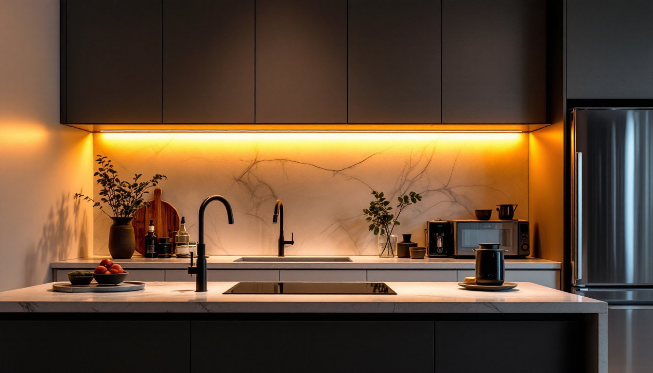 A photograph of a stylish modern kitchen featuring sleek flush mount lighting