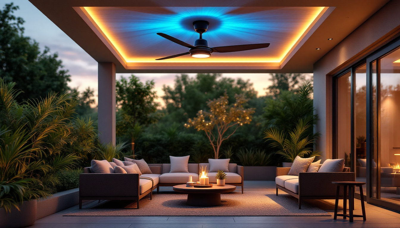 A photograph of a stylish outdoor space featuring a modern ceiling fan with integrated lighting