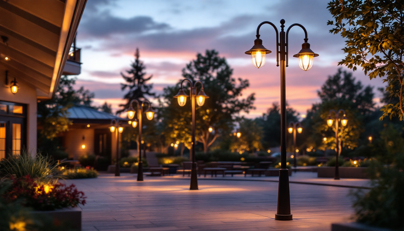 A photograph of a beautifully illuminated outdoor space featuring stylish lamp posts that enhance the ambiance and functionality of the area