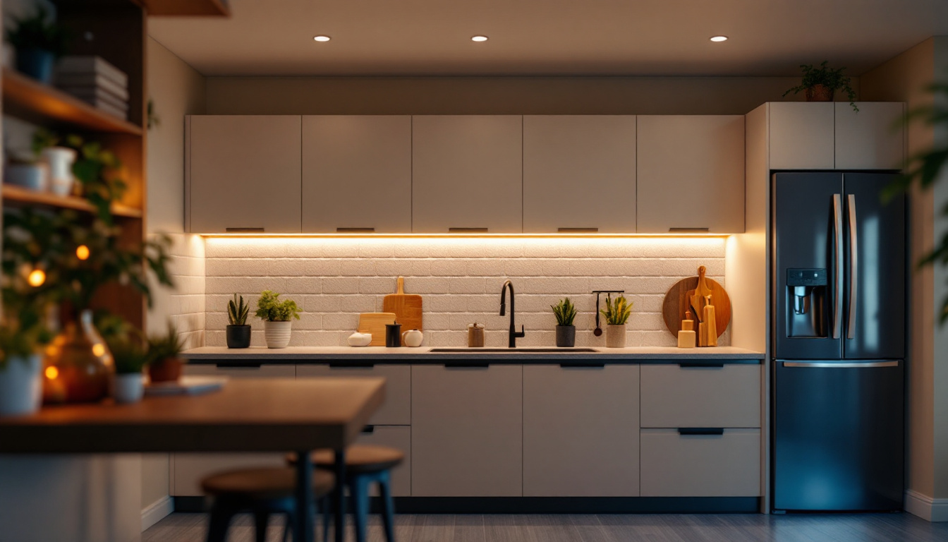 A photograph of a stylish kitchen featuring under cabinet led strip lighting that highlights the workspace