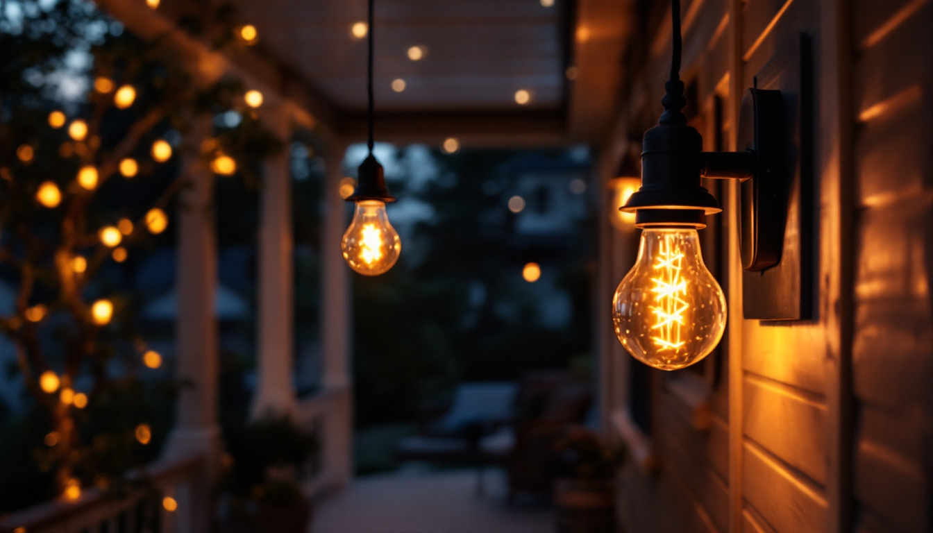 A photograph of a beautifully illuminated porch featuring stylishly installed hanging lights