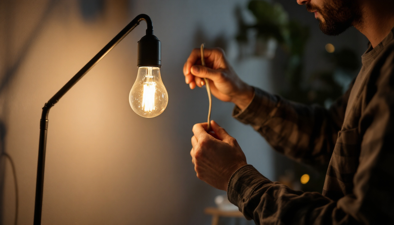 A photograph of a person skillfully installing an a19 light bulb in a modern lamp