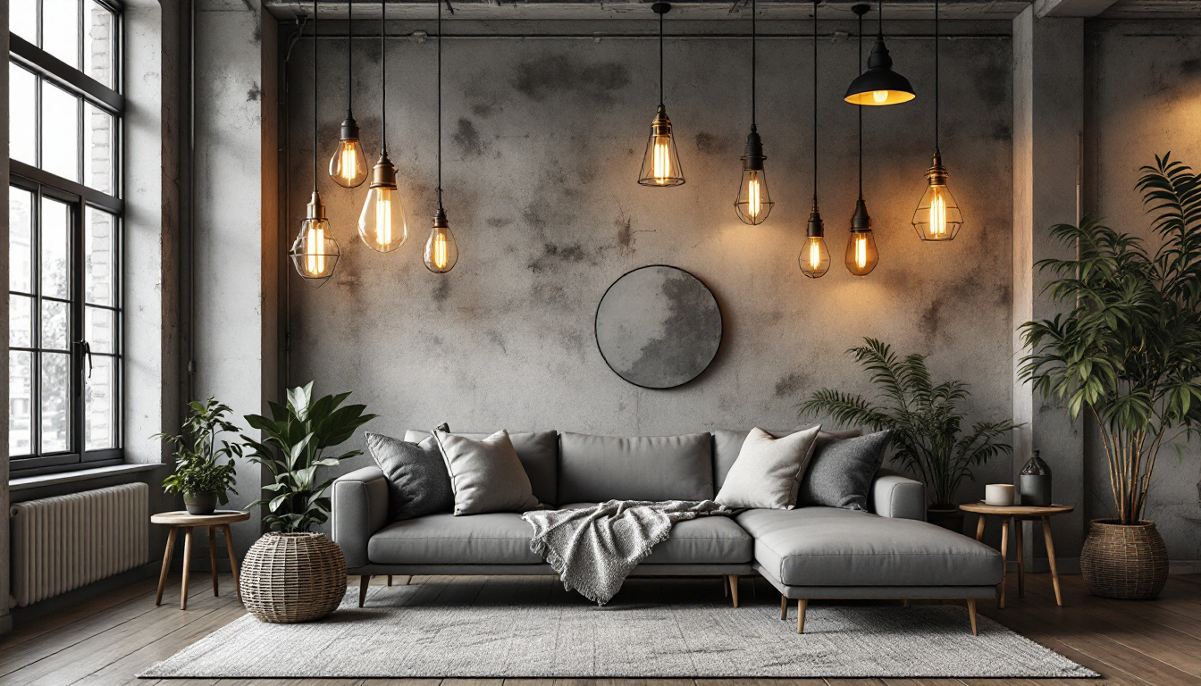 A photograph of a stylish living room in an industrial setting