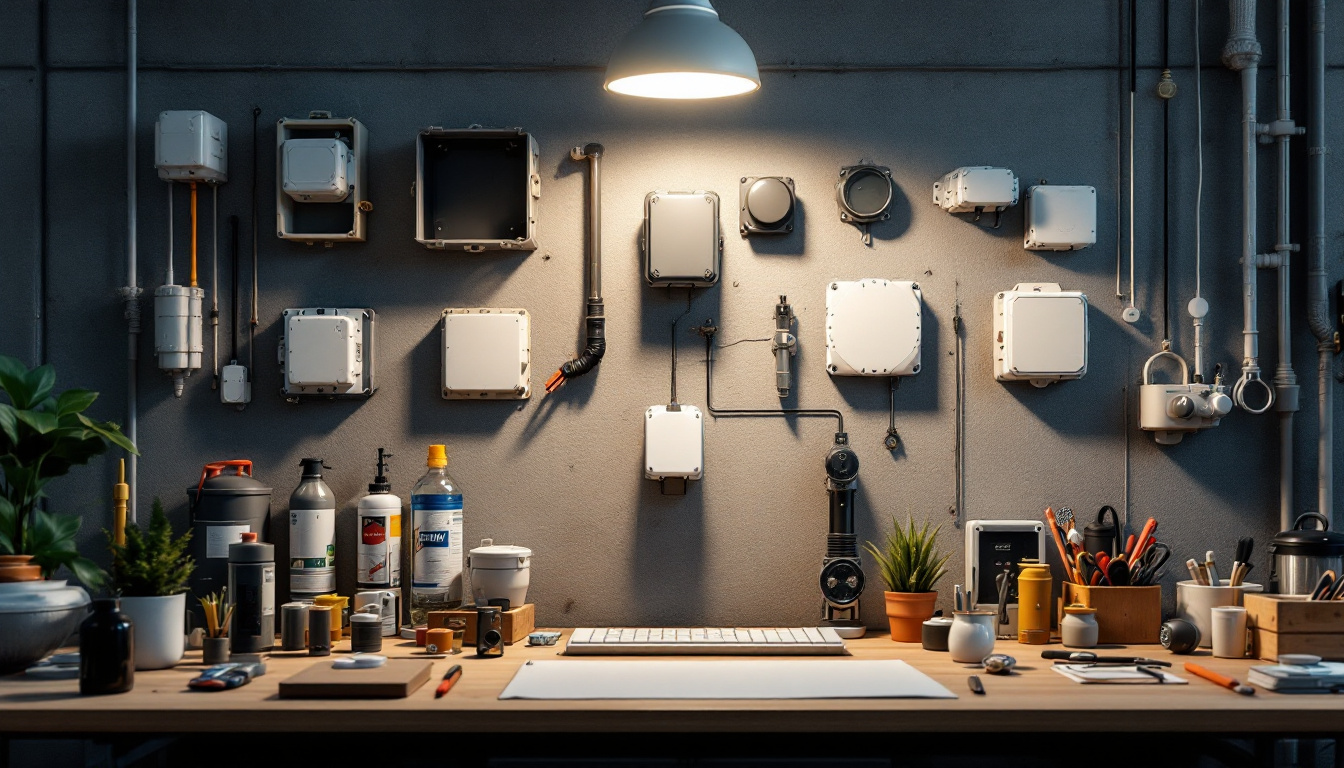 A photograph of a well-organized workspace featuring various junction box cover solutions in use