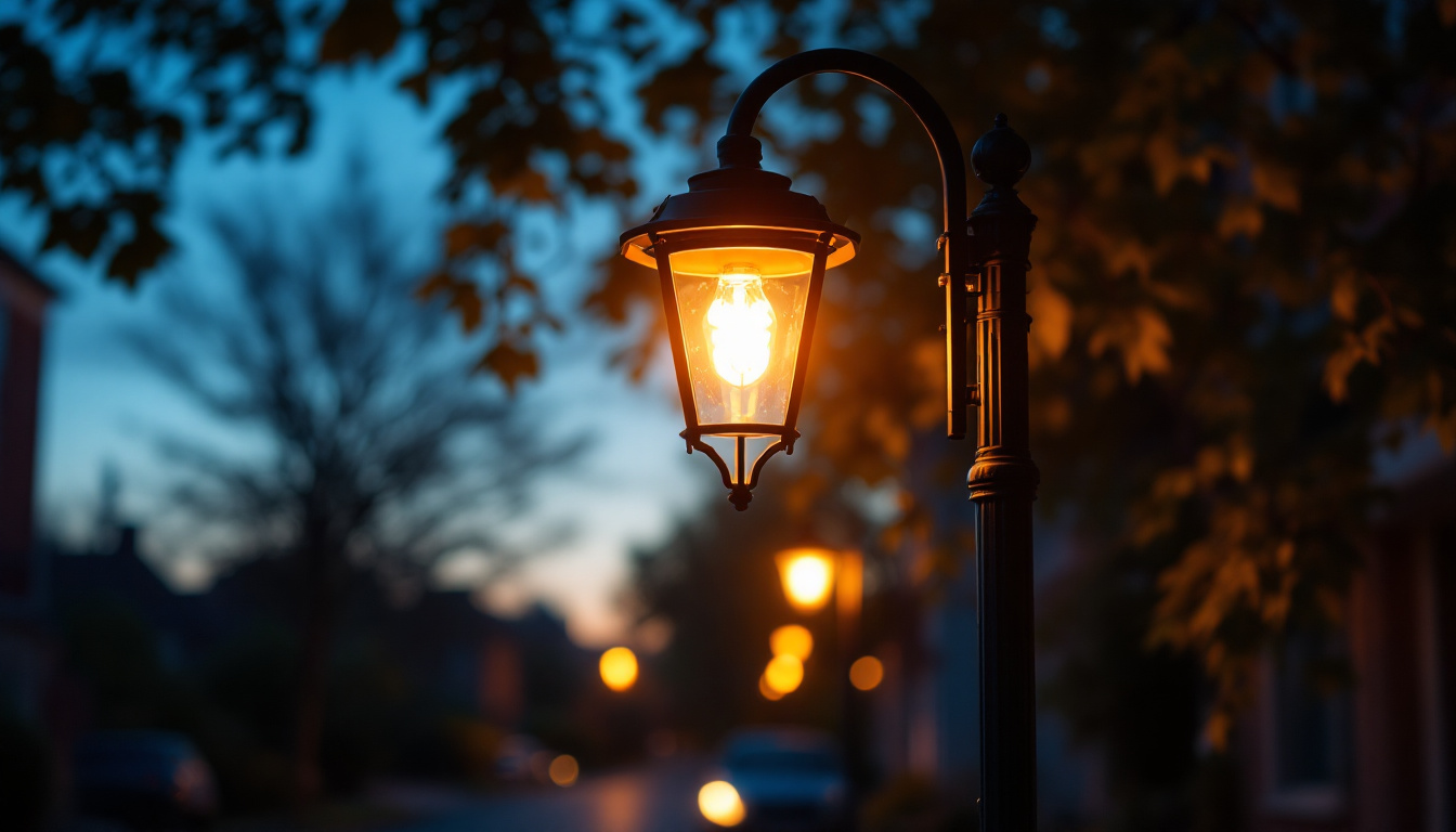 A photograph of a beautifully illuminated outdoor lamp post in a residential or public setting during dusk