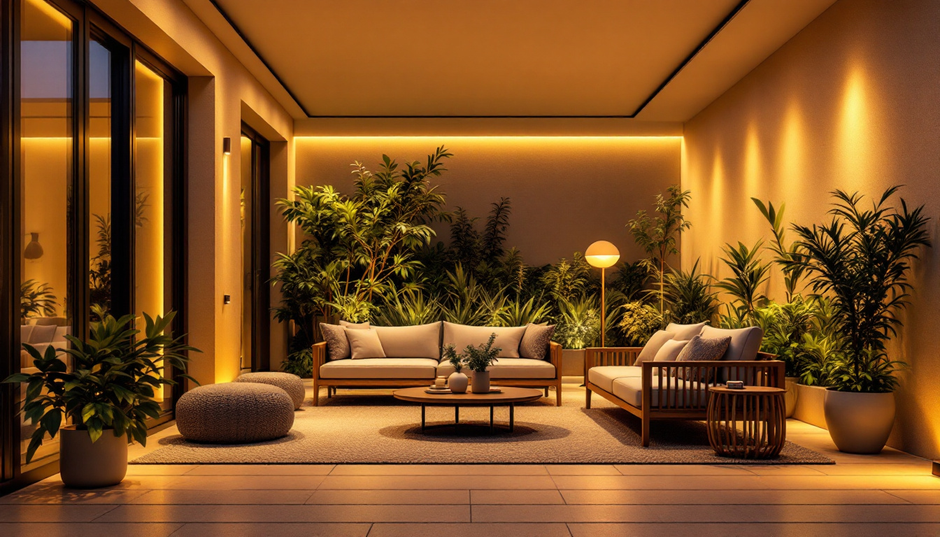 A photograph of a stylish modern outdoor space illuminated by sleek led landscape lighting