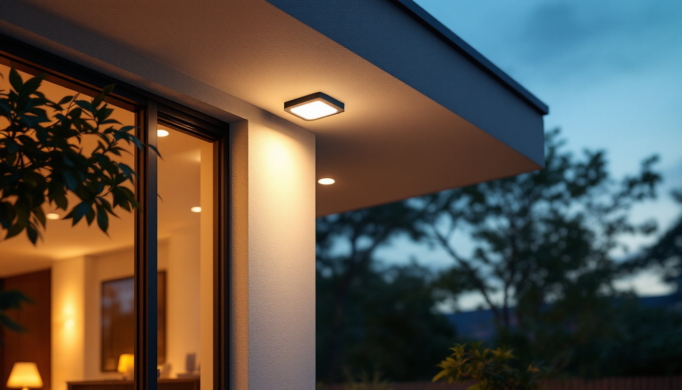 A photograph of a beautifully illuminated outdoor space featuring a flush mount light installed above an entryway or patio