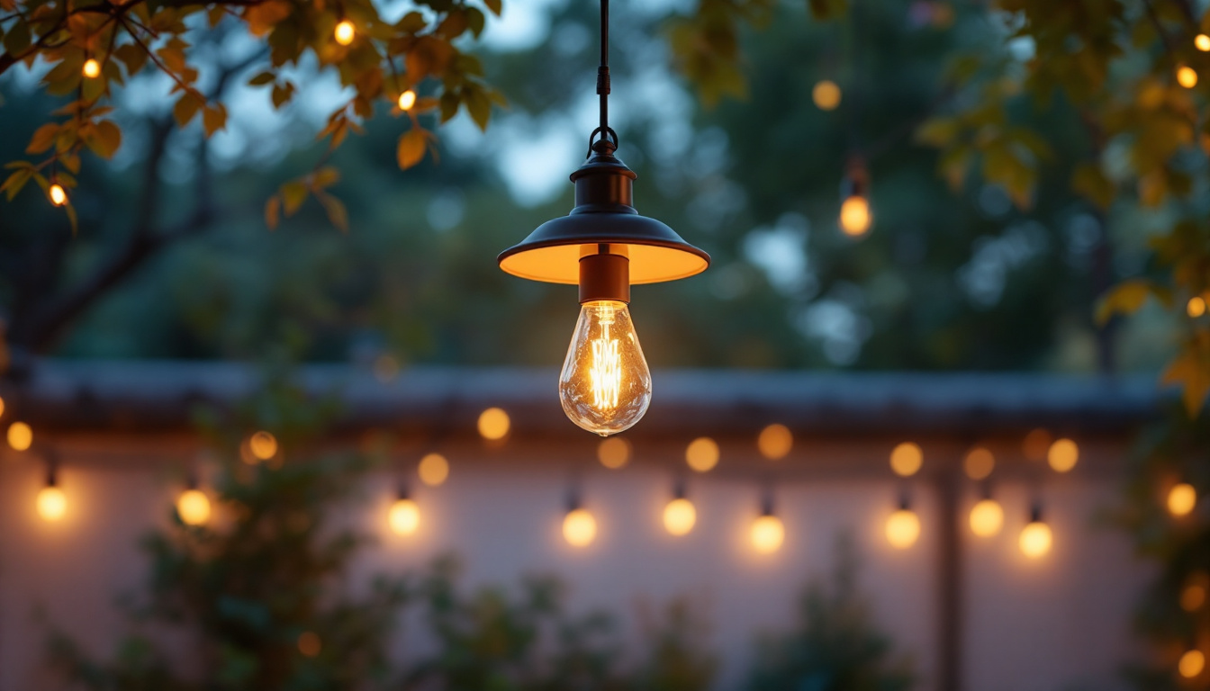 A photograph of a beautifully designed outdoor space featuring a stylish hanging lamp